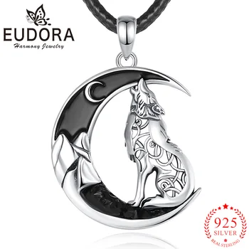 Eudora 925 Sterling Silver Keltské Vlk Náhrdelník Black Zirkón Mesiac Prívesok Zvierat Série Šperky Osobnosti Darček pre Mužov, Ženy