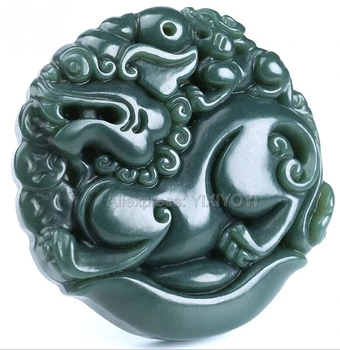 Vintage Prírodné Zelené HeTian Jade Vyrezávané Čínsky Drak Kylin Šťastie Prívesok Amulet Náhrdelník Certifikát Muž Žene Darček Šperky