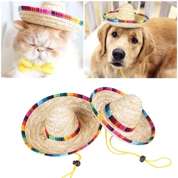 Roztomilý Mini Puppy Pes, Mačka Slamy Tkané Sun Hat, Cap Mexické Sombrero domáce zvieratá Roztomilý Kostým pre Psov Nastaviteľné Psa Klobúk