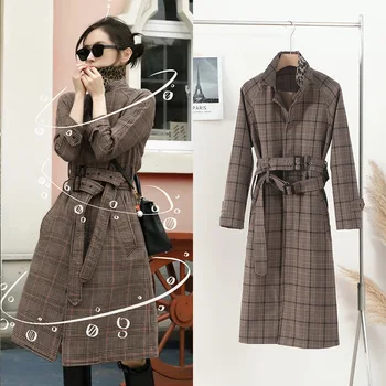 [Zásob] Wang Ziwen rovnaké kockovaná kabát jeseň a zimné nové vintage módne high-end mid-dlho výkopu kabát ženy