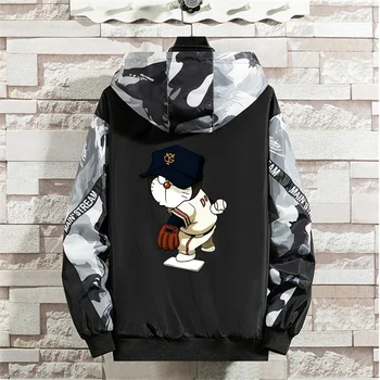 Jeseň Mens Bundy Anime Kreslených Mačka Vytlačené Hip Hop S Kapucňou Bundy Bombardér Mens Kabát Bežné Mužské Streetwear Módne Oblečenie