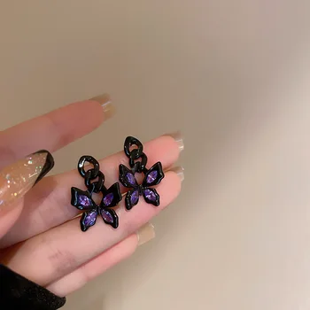2023 Punk Čierna Fialová Crystal Prívesok Motýľ Design Náušnice pre kórejských Žien Dievča Módne Šperky Doplnky Strany