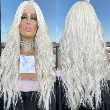 Biela Farba #60 Syntetické Vlasy Predné Čipky Parochne Voľné Vlnité Kvalitné Žiaruvzdorné Vlákna Prírodné Vlasové Preplucked Pre Ženy