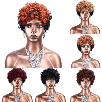 Krátke Ľudské Vlasy, Parochne Pixie Strih Kučeravé Brazílsky Vlasy Čierne Ženy Stroj Vyrobený Lacné Glueless Kučeravé African American Parochňu