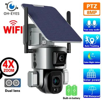 4K Duálny Objektív Wifi PTZ IP Bezpečnostné Kamery Automatické Sledovanie Vonkajšie 4X Zoom Bezdrôtový 4G Solárnej Energie Surveillance Camera 2 Way Audio