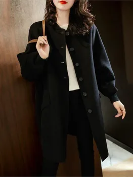 Bežné Baseball Golier Plus Veľkosť Vlnené Kabáty Ženy Kórejský Módne Slim Black Vlnené Sako Základné Elegantné Jeseň Zima Vrchné Oblečenie