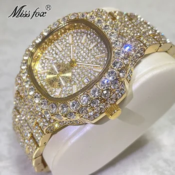 Hip Hop Značky MISSFOX Módne Ľadový Von Hodinky Mužov Luxus Plný Diamond 18K Zlata Automatický Dátum Hodiny Ocele, Vodotesné Hodinky Muž