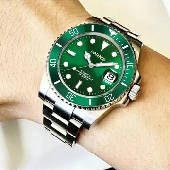 Nové Módne Parnis 40 mm Zelená Dial Automatické Mechanické Mužov Sledovať Zafírové Sklo Nerez pánske náramkové hodinky reloj hombre