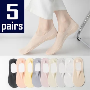 5 Párov Silikónový Anti-slip Neviditeľné No Show Ponožky Letné Ultra-tenké Priedušné Ponožky, Papuče Farbou Ice Hodváb Loď Ponožky