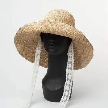 letné ručné raffia dlho, čipky, stuhy široký okraj voľný čas na pláži lady vedro spp ženy dovolenku klobúk