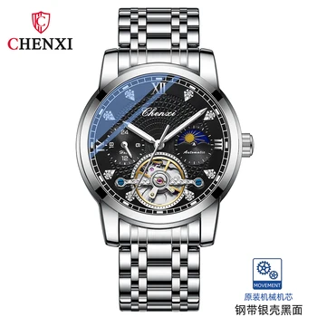 CHENXI Luxusné Obchodné pánske Automatické Hodinky Tourbillon Mechanické náramkové hodinky z Ocele Popruh Nepremokavé Fázy Mesiaca Hodinky