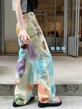 2023 najpredávanejších džínsy Farby maľované dámske letné vysoký pás rovno širokú nohu, nohavice Európskych a Amerických trend Pouličných umelcov
