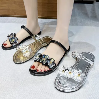 BCEBYL Lete Crystal Kvetinová Výzdoba Módne Otvorené Prst Sandále Nové Elegantné Športové Bežné Ploché Pláži Papuče Topánky Pre Ženy