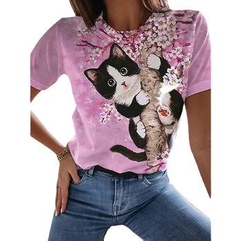 2023 dámske Letné Tričko 3D Tlač Cute Cat Zvierat Retro Krátky Rukáv dámske Tričko Oblečenie Roztomilý Topy