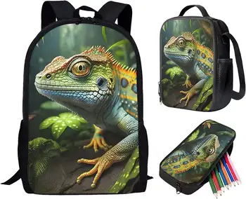 Lizard Batoh pre Základné Dospievajúcich Chlapcov 3 V 1 Škole Taška s Lunch Box peračník pre Deti 3D Zvieratá, Cestovanie Daypack