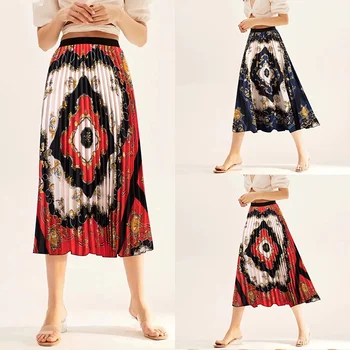 Nové Etnické Vytlačené Sukne s elastickým Pásom a Skladaný Dizajn sukne
