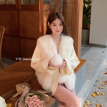Nový kórejský dizajn Ženy Prírodné Fox Kožušiny Golier Cashmere Vlnené kabáty a bundy