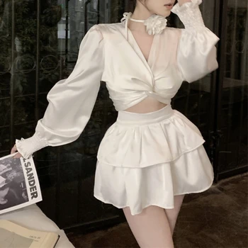 Vintage kórejský Retro High Street Škvrna Tričko s Kvetinou Šatku + A-line Sukne Vyhovovali 2 Ks Súpravy Y2k Oblek