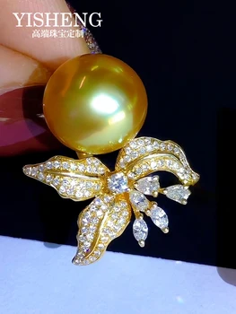 Filipínske Nanyang Gold Pearl Krúžok Prírodnej morskej vody Pearl 18K Gold Diamond Handpiece 11-12mm