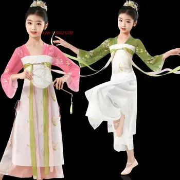 2023 čínske deti vintage tanečné oblečenie národnej kvetina tlače šifón top+nohavice nastaviť princezná šaty fáze výkonu kostým