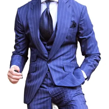 Prispôsobený pánske Obleky 3ks Sako Nohavice Slim Fit Modrým Pruhom Business oblečenie Ženícha Tuxedos pre Formálne Svadby Bunda, Nohavice, Vesta