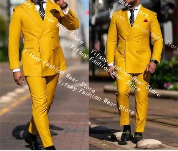Žltá Muž Elegantný Set Luxusné Oblečenie Dizajnér Oblek Pre Mužov Priateľ Slim Fit Mužské Sako Svadobný Obrad Šaty Vrchol Klopě
