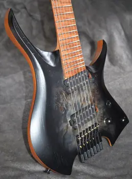 Nové Fanned Pražce 7 Reťazce Bezhlavého Elektrická Gitara Black Výbuch Farieb Pražené