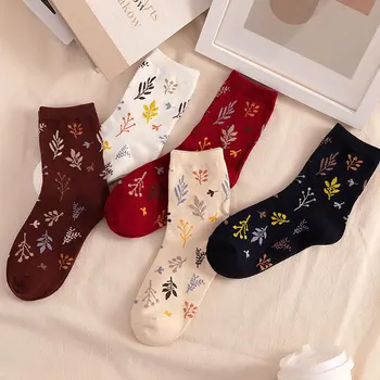 Japonský Štýl Listu Ženy Bavlna Posádky Ponožky Harajuku Retro Žena Ponožky Vintage Streetwear Lady Dlhé Ponožky