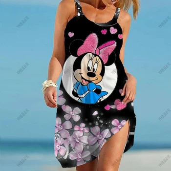 Letné Disney Minnie Mickey Mouse Boho Mini Šaty Žien Špagety Plážové Šaty O-Krku Volánikmi Strany Sundress Šaty Plážové Šaty