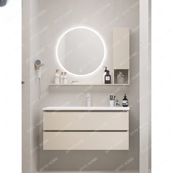 Krém Štýl Dub Kúpeľňa Korpusová Zmes Moderný Minimalistický Kúpeľňa Keramické Celý Washbin Umývadlo Umývadlo Kúpeľňa