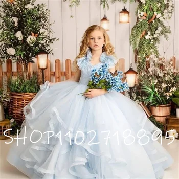 Nové 2023 Svetlo Modrá Kvetina Dievča Šaty Svadobné Party Tylu Organza Sukne Rozstrapatené Princezná Plesové Šaty Nad Tečúcou Kvetinové Deti Nosenie