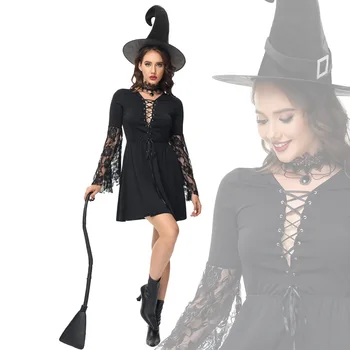 Halloween Cosplay Čarodejnice Dospelých Black Výrez Čipky Čarodejnice Šaty, Kostým