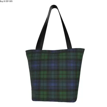 Recyklácia Black Watch Škótsky Tartan Koberčeky Nákupní Taška Ženy Plátno Ramenný Tote Bag Umývateľný Obchod S Potravinami Shopper Tašky
