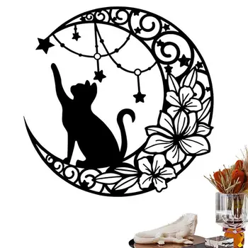Kovové Black Cat Stenu Decor Iron Art Čierna Mačka A Mesiac Stenové Kovové Siluety, Tepaného Železa Black Moon A Mačka Nástenné Závesy Pre