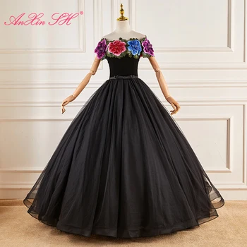AnXin SH princezná čiernej čipky loď krku lištovanie výšivky, kvetinové rukáv čipky plesové šaty, malý luk nevesty, večerné šaty