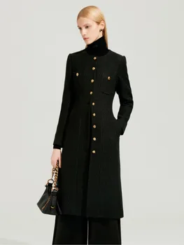 BlackLong tweed kabát bunda pre ženy jesen / zima kabát 2023 nový high-end dotyku charakter vzor dĺžka bundy