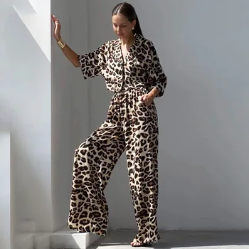 Leopard Letné Pyžamo Ženy Saténové, Hodvábne Sleepwear Krátke Rukáv Top A Nohavice Dva Kusy Set Home Vyhovovali Oblečenie 2023 Novinkou Kórejského