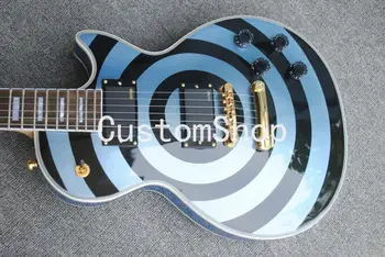 Zakk Wylde bullseye Metallic Blue & Black Elektrická Gitara Biely Blok Pearl Vložkou, Skopírujte EMG Pasívne Snímače, Zlatý Hardware